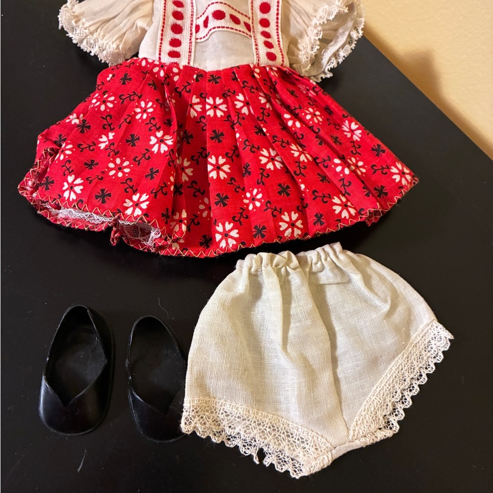 Vintage Shirley Temple Red Floral Doll Dress Set White Bloomers and Black Shoes